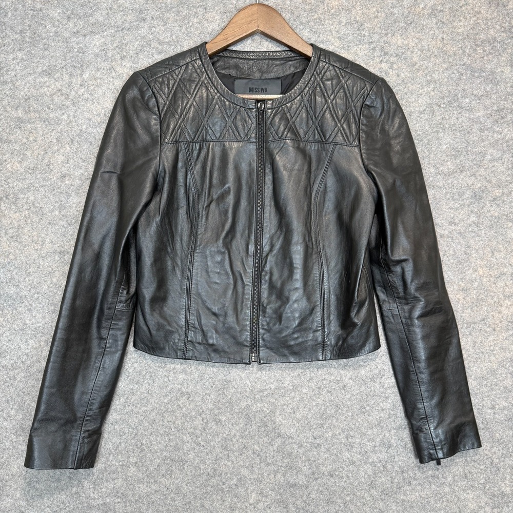 Miss Wu 100% Leather Jacket Womens 6 Quilted Lined Chic Minimalist Racer‎ Black